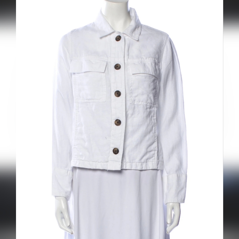 Nicole Miller Linen Jacket Size L White Button Up Pockets Long Sleeve